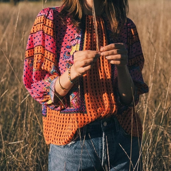 Bhanuni by Jyoti x Anthropologie Emilia Beaded Peasant Blouse, Pink & Orange, S - Picture 1 of 14